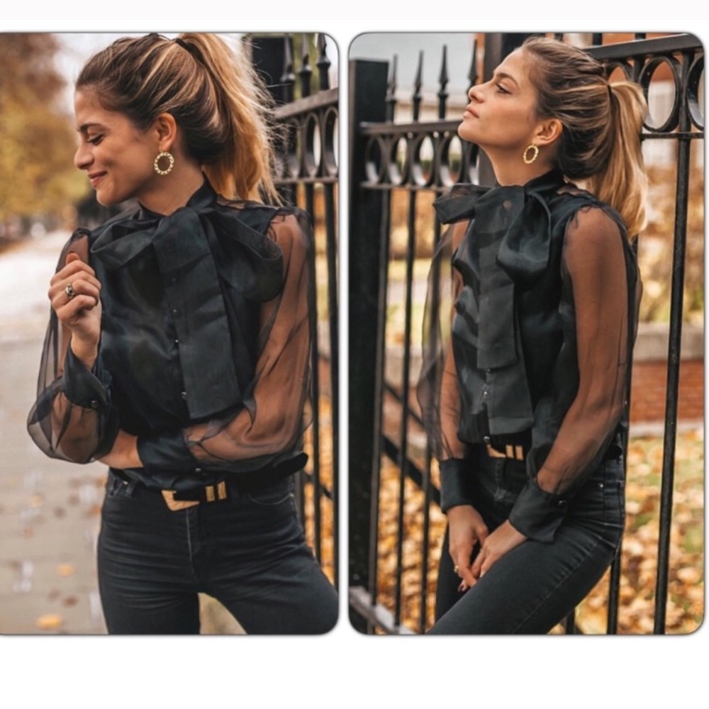 Zara Semi Sheer Pussy Bow Blouse XS!!